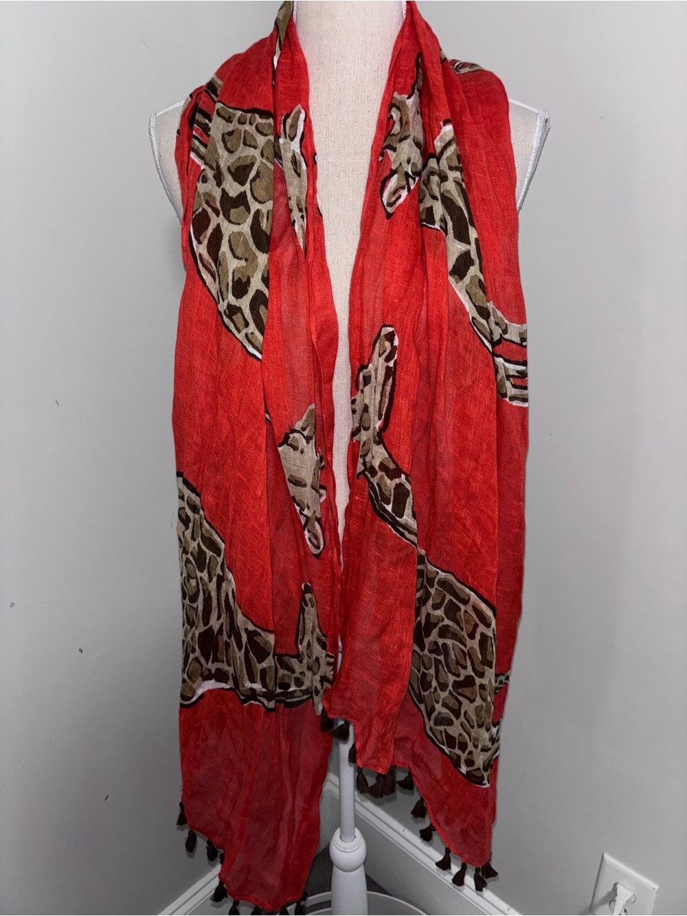 Orange & brown giraffe print wide scarf wrap shawl with tassel edges woven